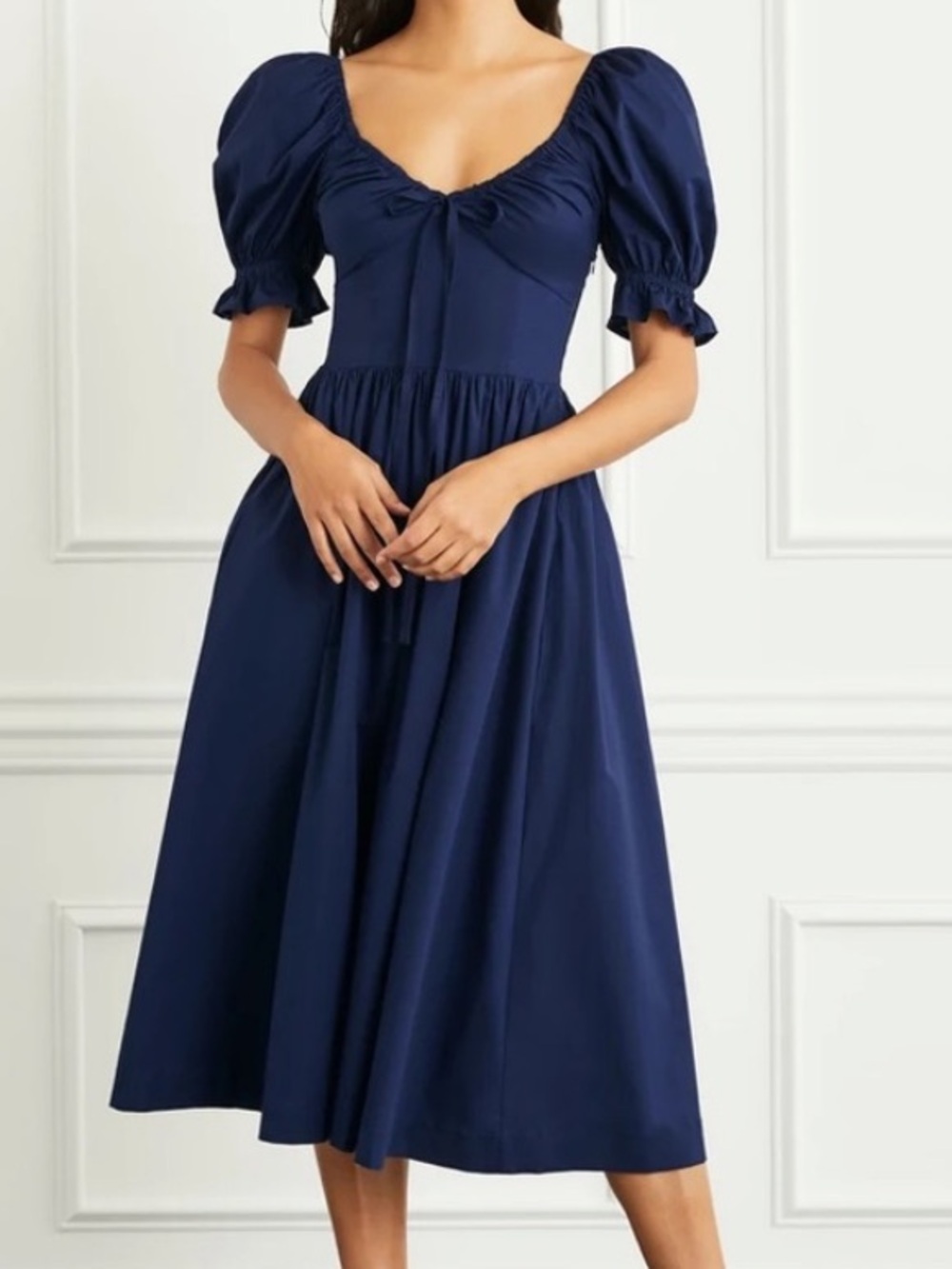 Hill House Navy Puff-Sleeve Midi Dress -l